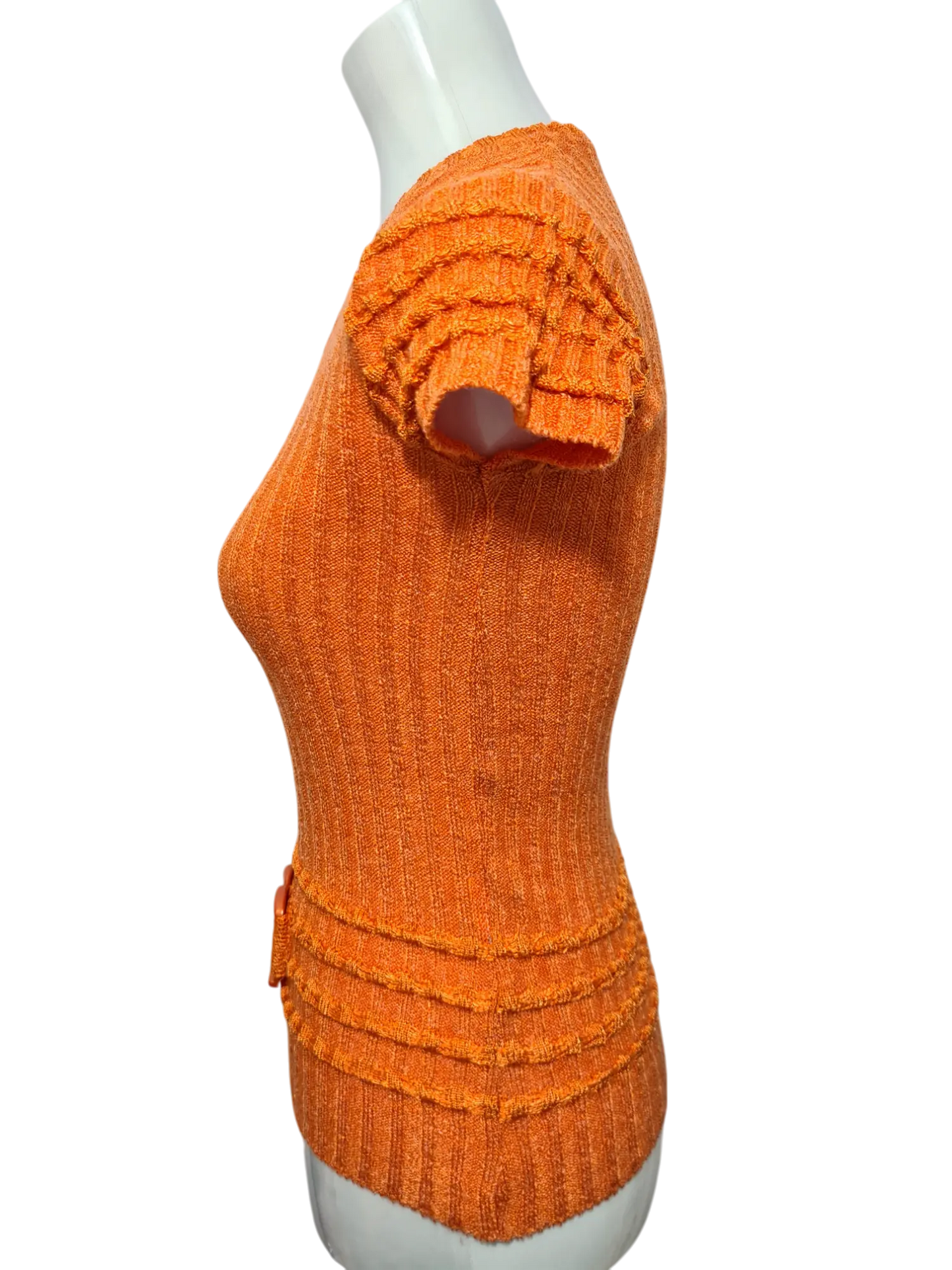 Pull orange à manches courtes ceinturé et col V des années 70-80 EMMAUS