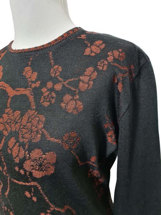 Pull jacquard fleuri noir et rouge des années 80-90 EMMAUS