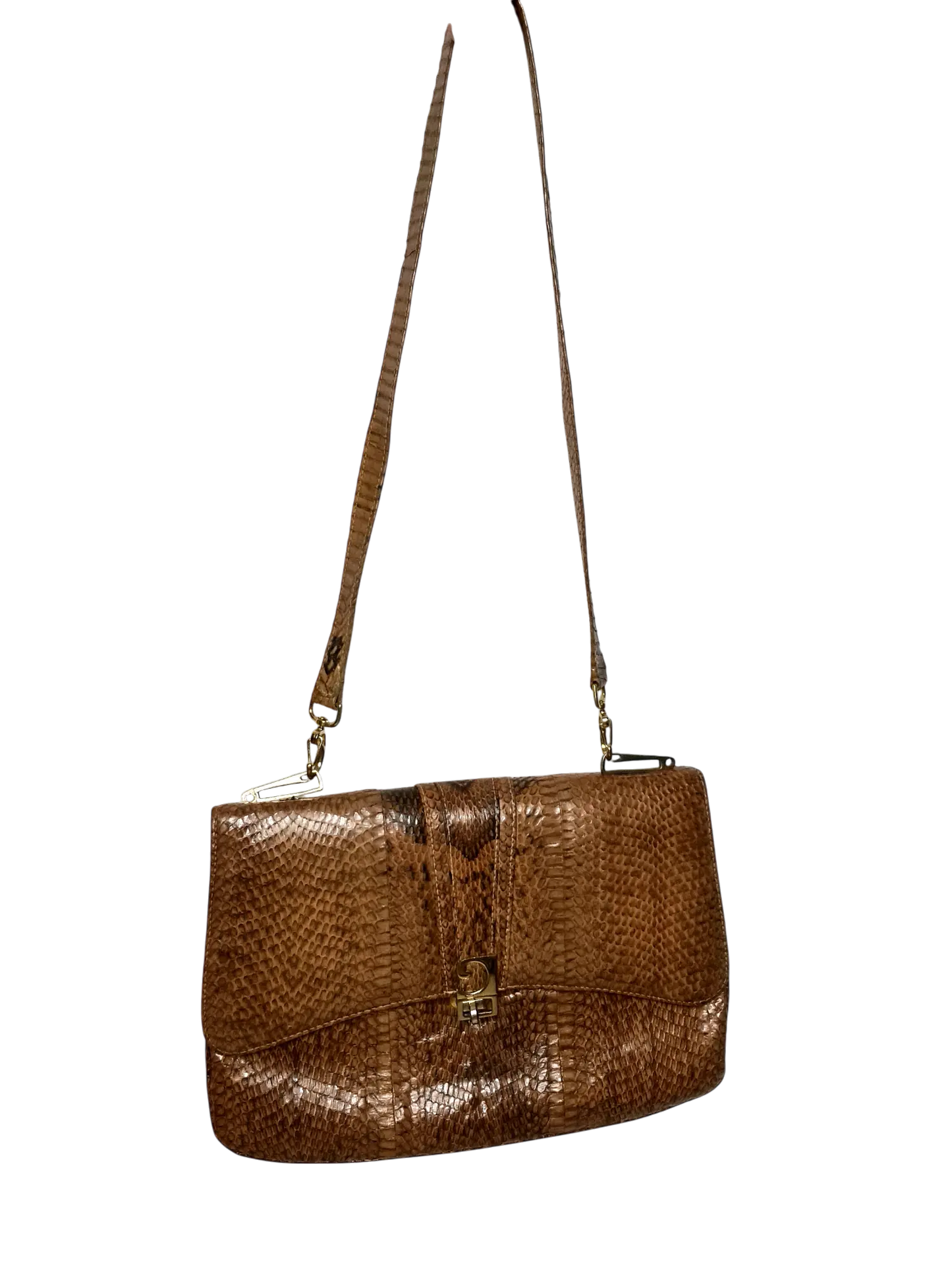 Sac à main femme à bandoulière artisanal vintage en cuir de python intérieur daim des années 60-70 Brocante