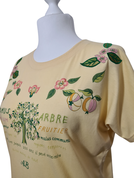 T-shirt jaune pastel imprimés brodés pommier des années 80-90 EMMAUS