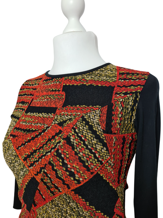 Top noir manches 3/4 à motifs dorés et rouge des années 80-90 EMMAUS