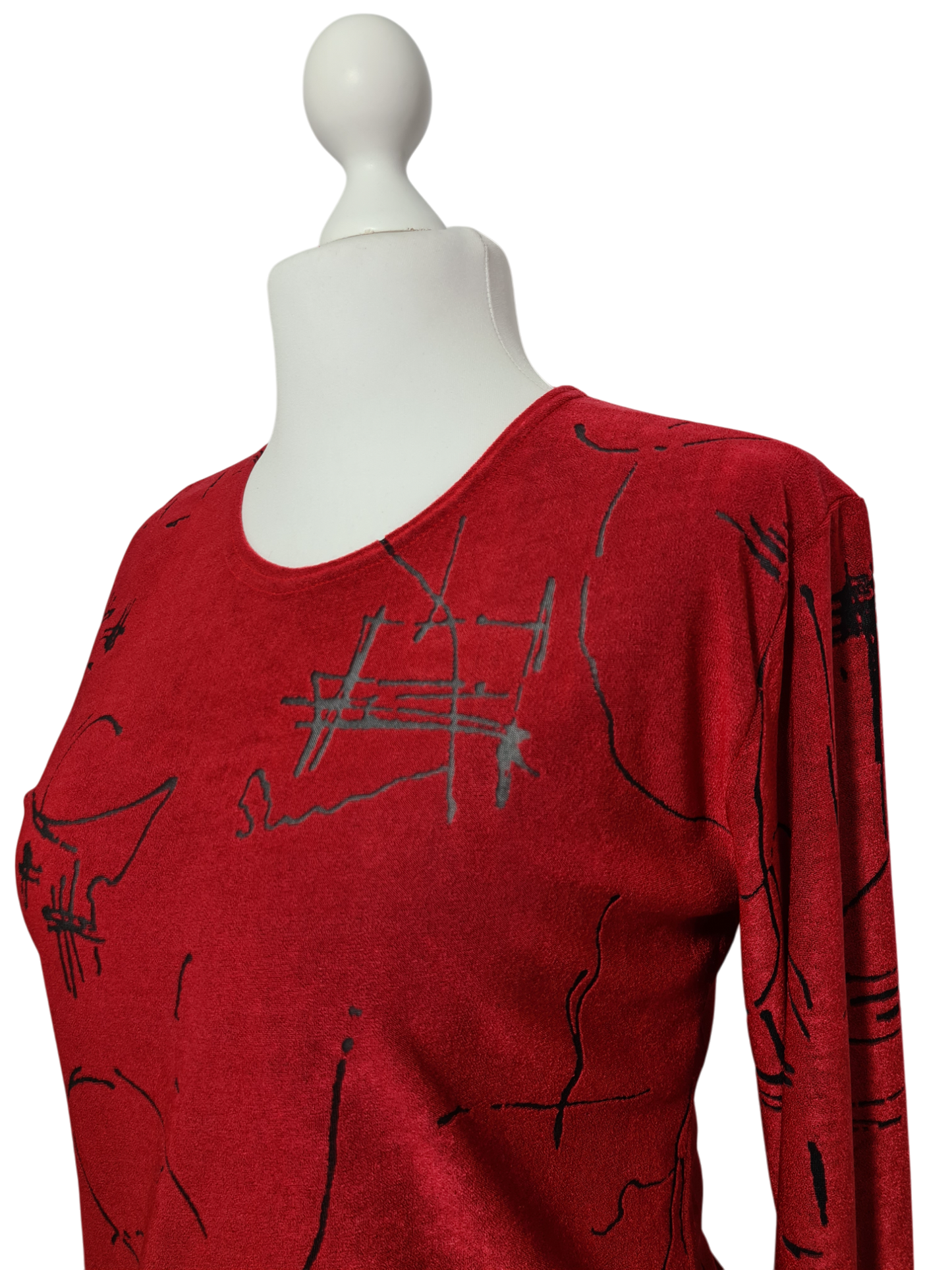 Top rouge à manches longues avec motifs noirs transparents des années 90-2000 EMMAUS