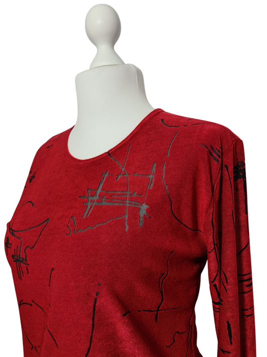 Top rouge à manches longues avec motifs noirs transparents des années 90-2000 EMMAUS