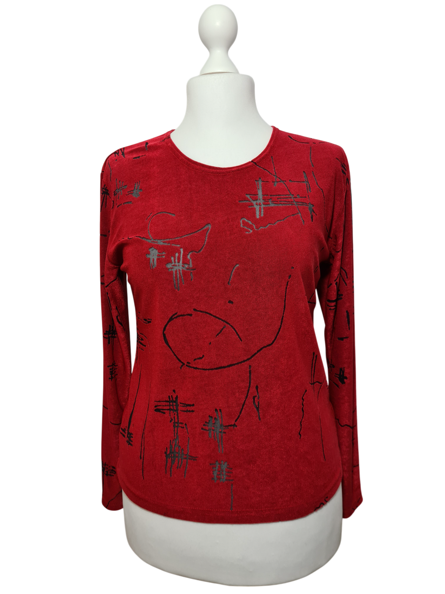 Top rouge à manches longues avec motifs noirs transparents des années 90-2000 EMMAUS