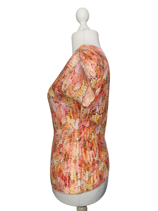 T-shirt plissé imprimé fleuri Vango Paris des années 90-2000 EMMAUS