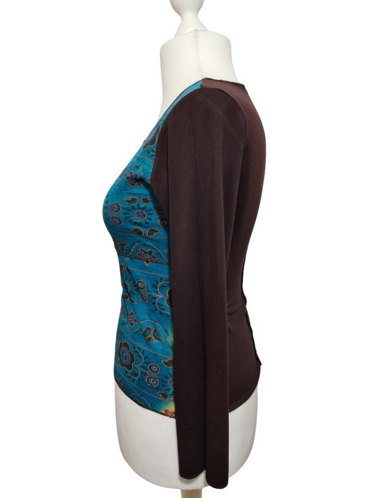 T-shirt à manches longues Vango marron et turquoise des années 90-2000 EMMAUS