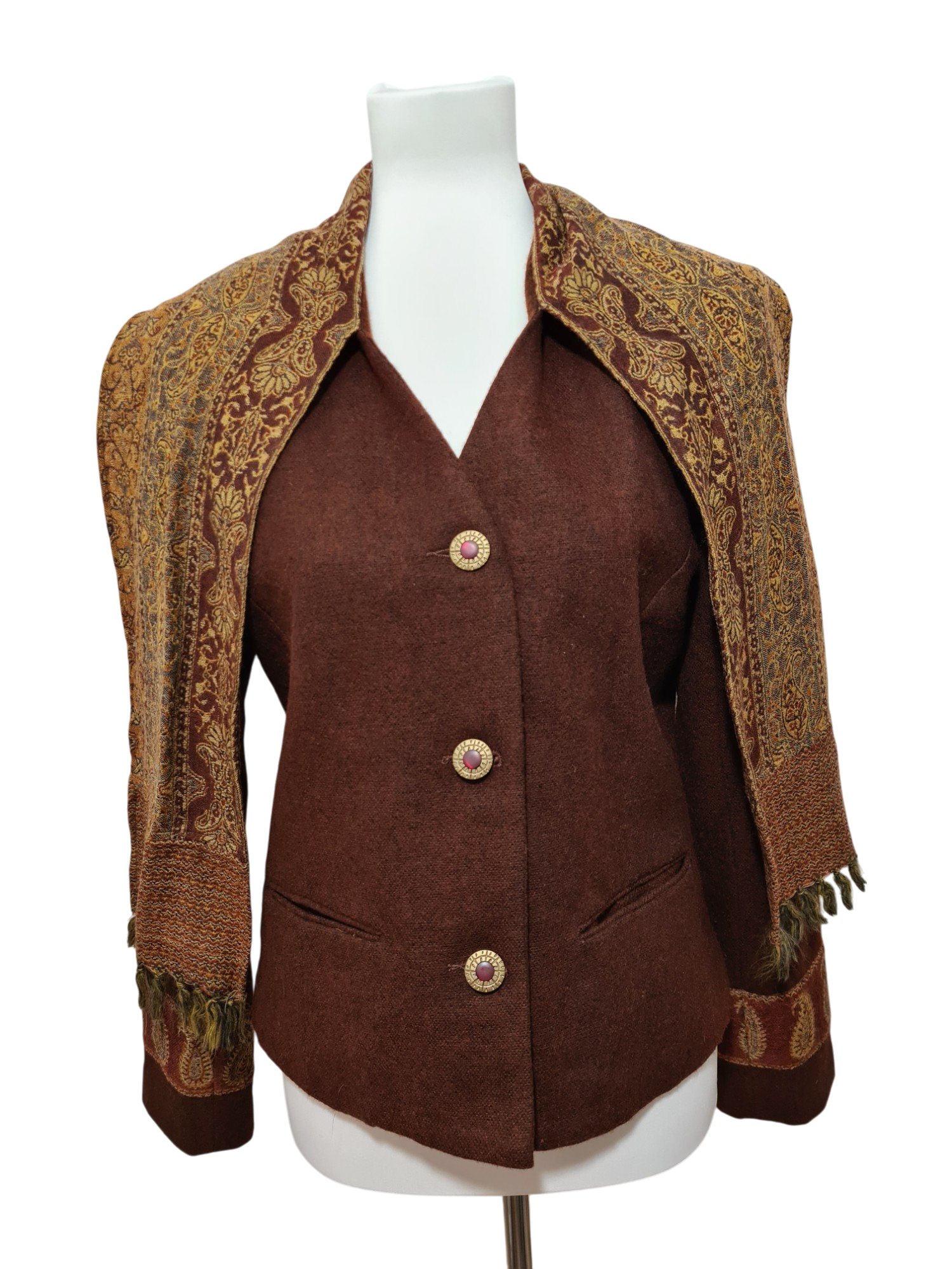 Veste marron écharpe intégrée bohème chic des années 2000 Brocante