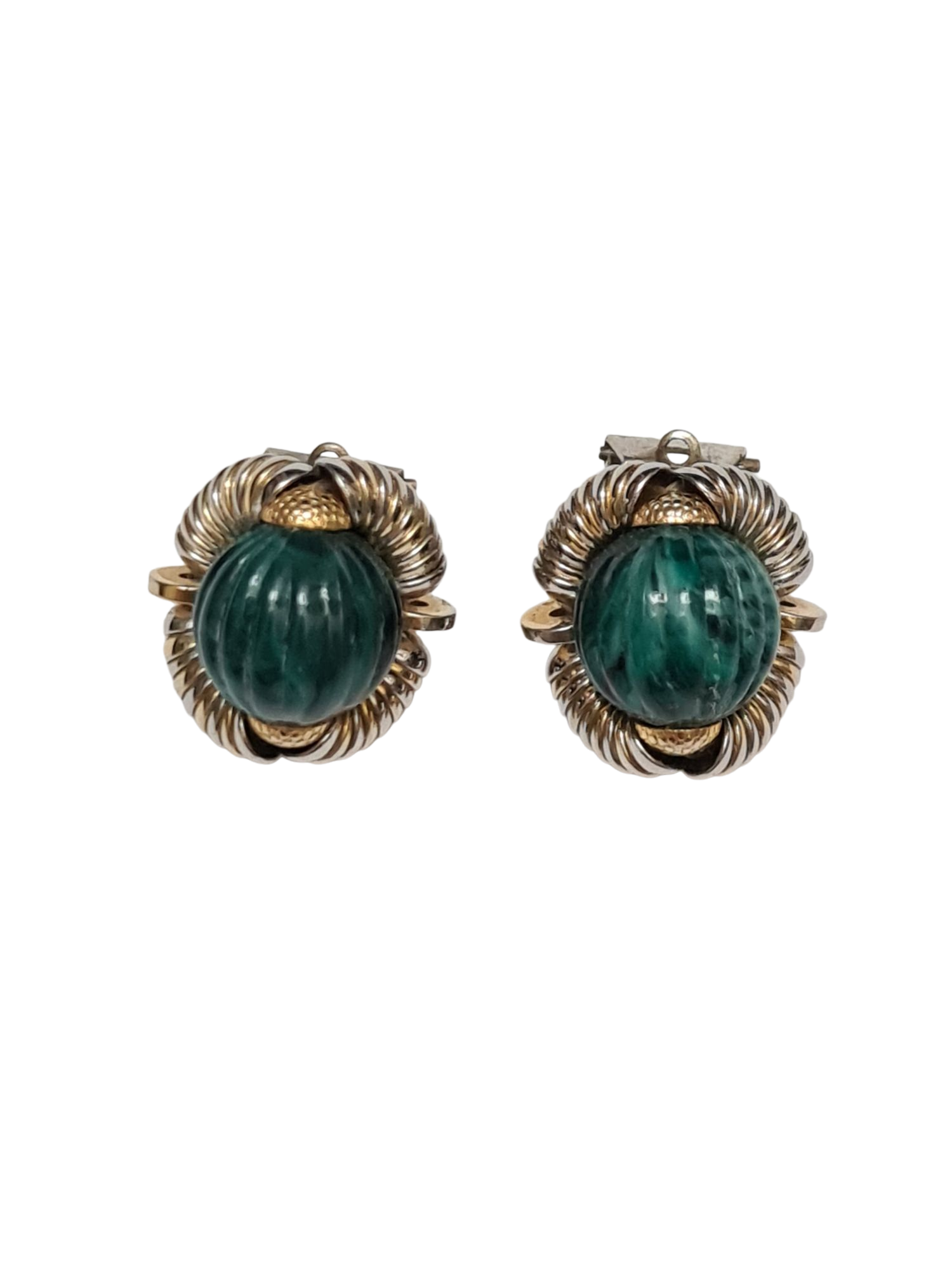 Boucles d'oreilles à clips vertes effet malachite et torsades dorées des années 80 Brocante