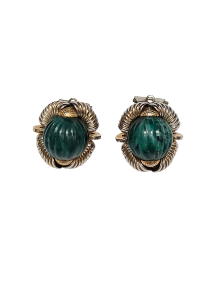 Boucles d'oreilles à clips vertes effet malachite et torsades dorées des années 80 Brocante