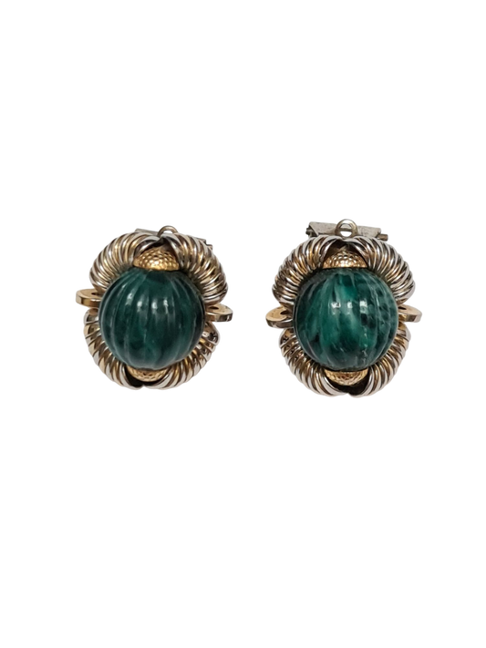 Boucles d'oreilles à clips vertes effet malachite et torsades dorées des années 80 Brocante