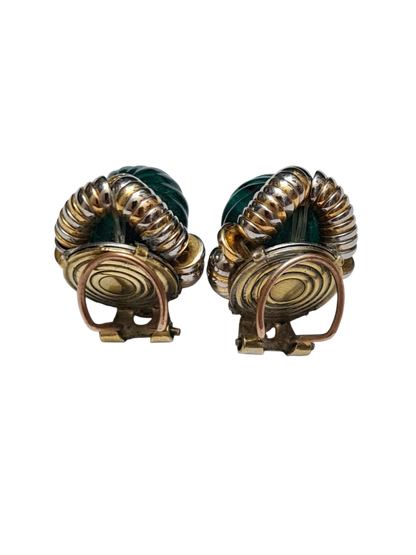 Boucles d'oreilles à clips vertes effet malachite et torsades dorées des années 80 Brocante