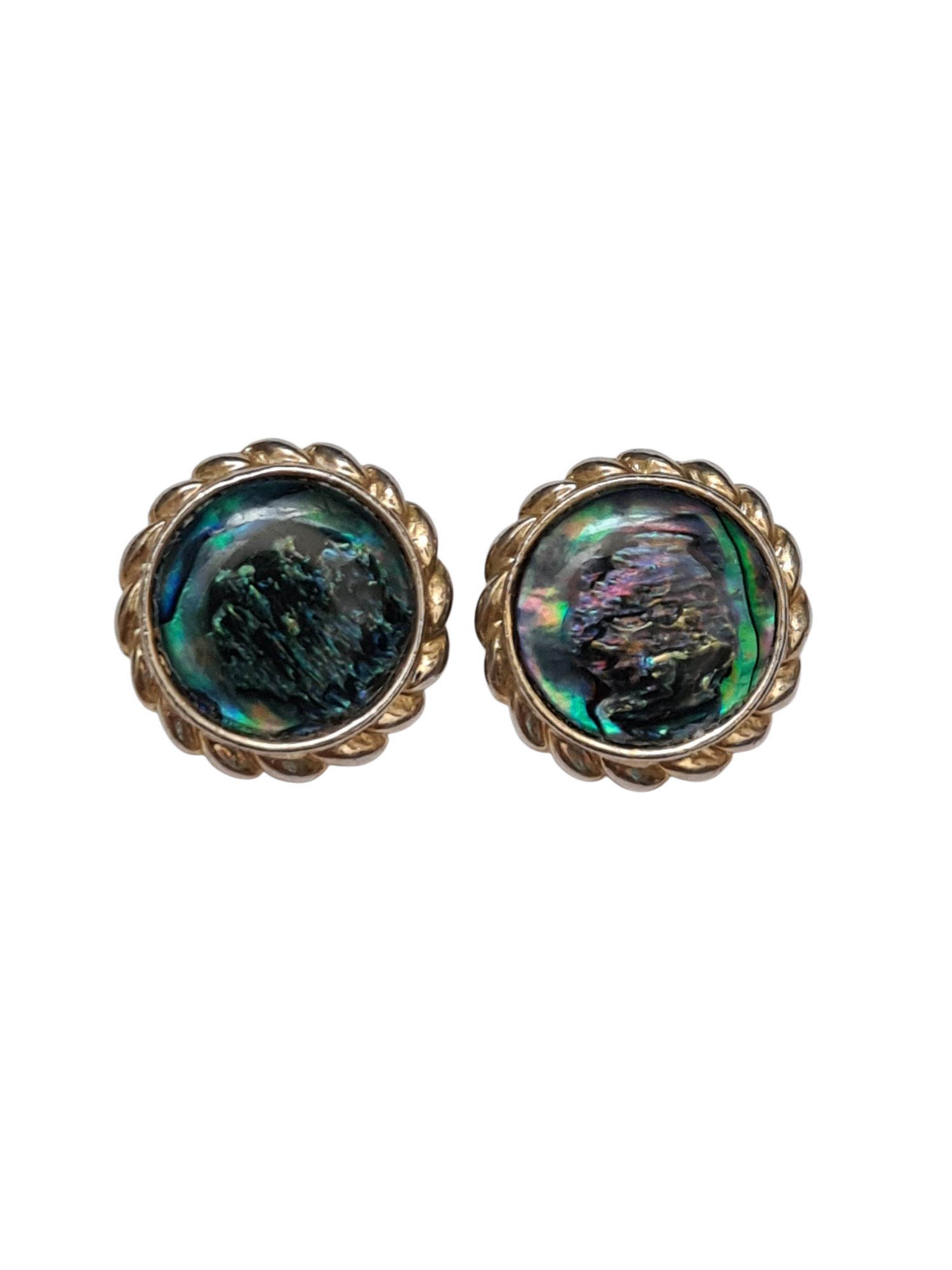 Boucles d'oreilles à clips rondes nacrées pétrole des années 80-90 Brocante