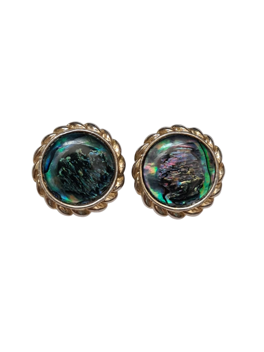 Boucles d'oreilles à clips rondes nacrées pétrole des années 80-90 Brocante