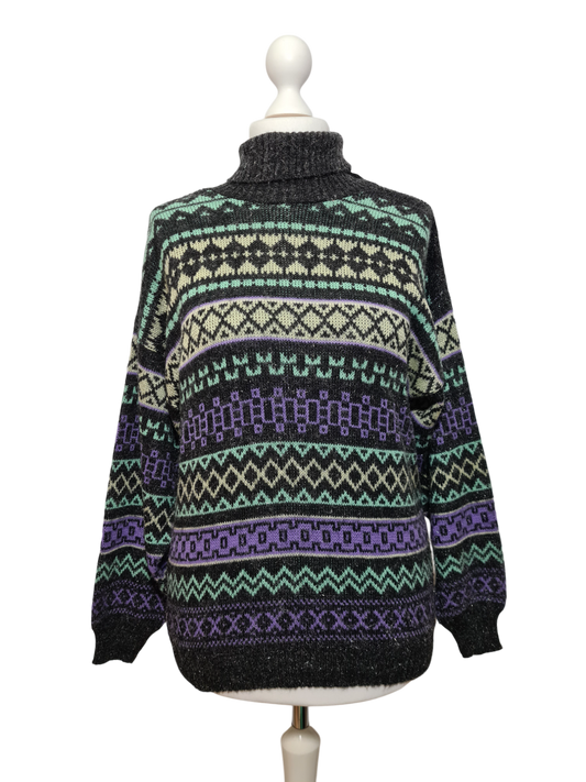 Pull col roulé jacquard des années 80-90 FRIPEO