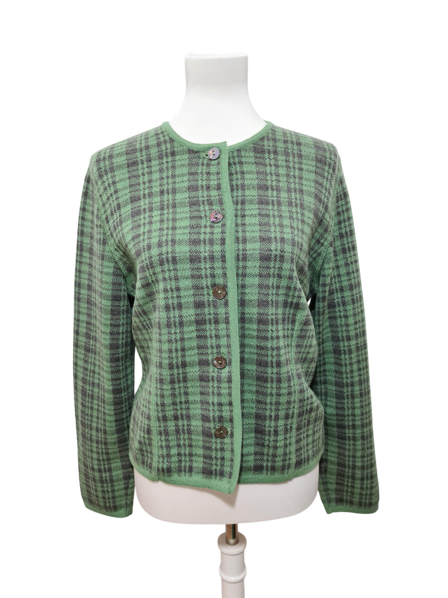 Gilet vert à motifs carreaux tartan revisité des années 80-90 Brocante
