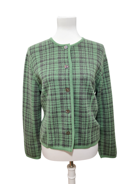 Gilet vert à motifs carreaux tartan revisité des années 80-90 Brocante