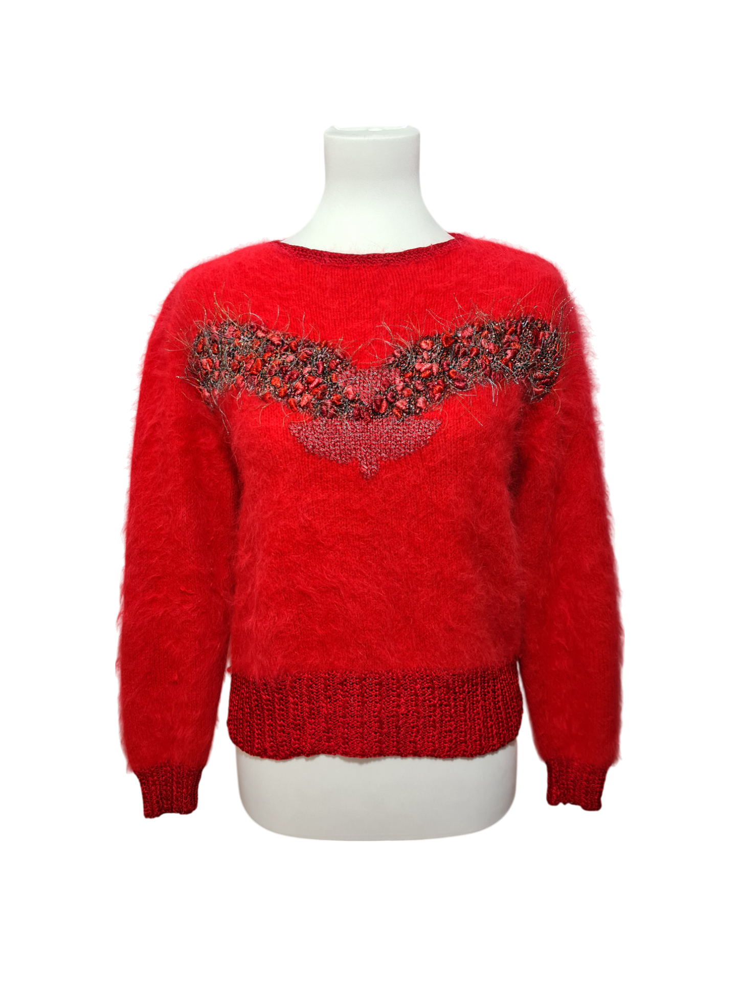 Pull rouge tricoté main décor buste des années 80 Brocante