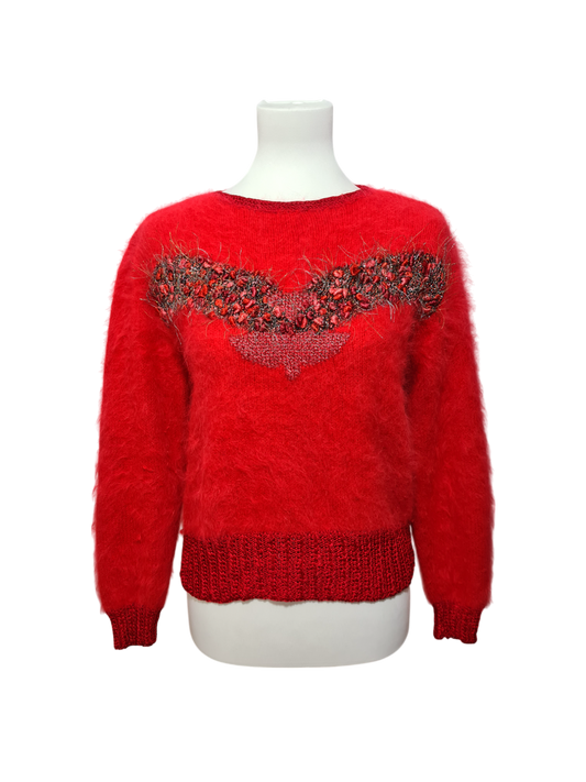 Pull rouge tricoté main décor buste des années 80 Brocante