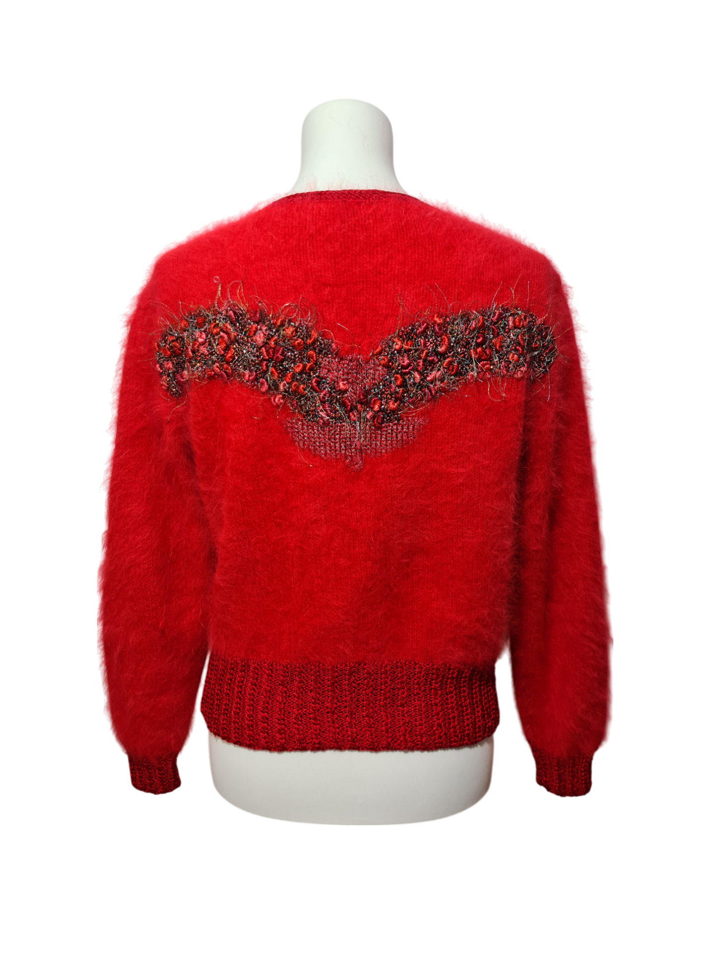Pull rouge tricoté main décor buste des années 80 Brocante