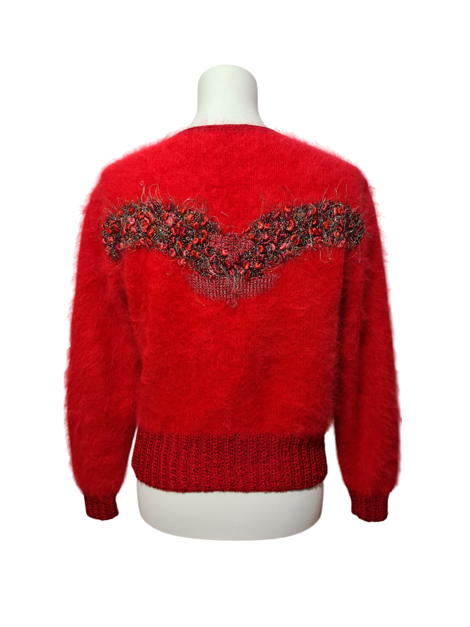 Pull rouge tricoté main décor buste des années 80 Brocante