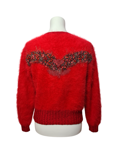Pull rouge tricoté main décor buste des années 80 Brocante