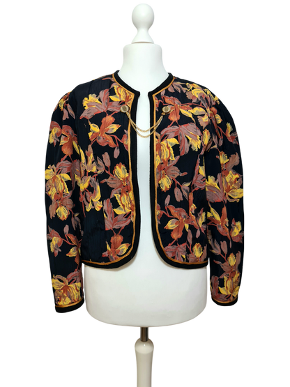 Veste courte noire motifs feuilles des années 80 Brocante