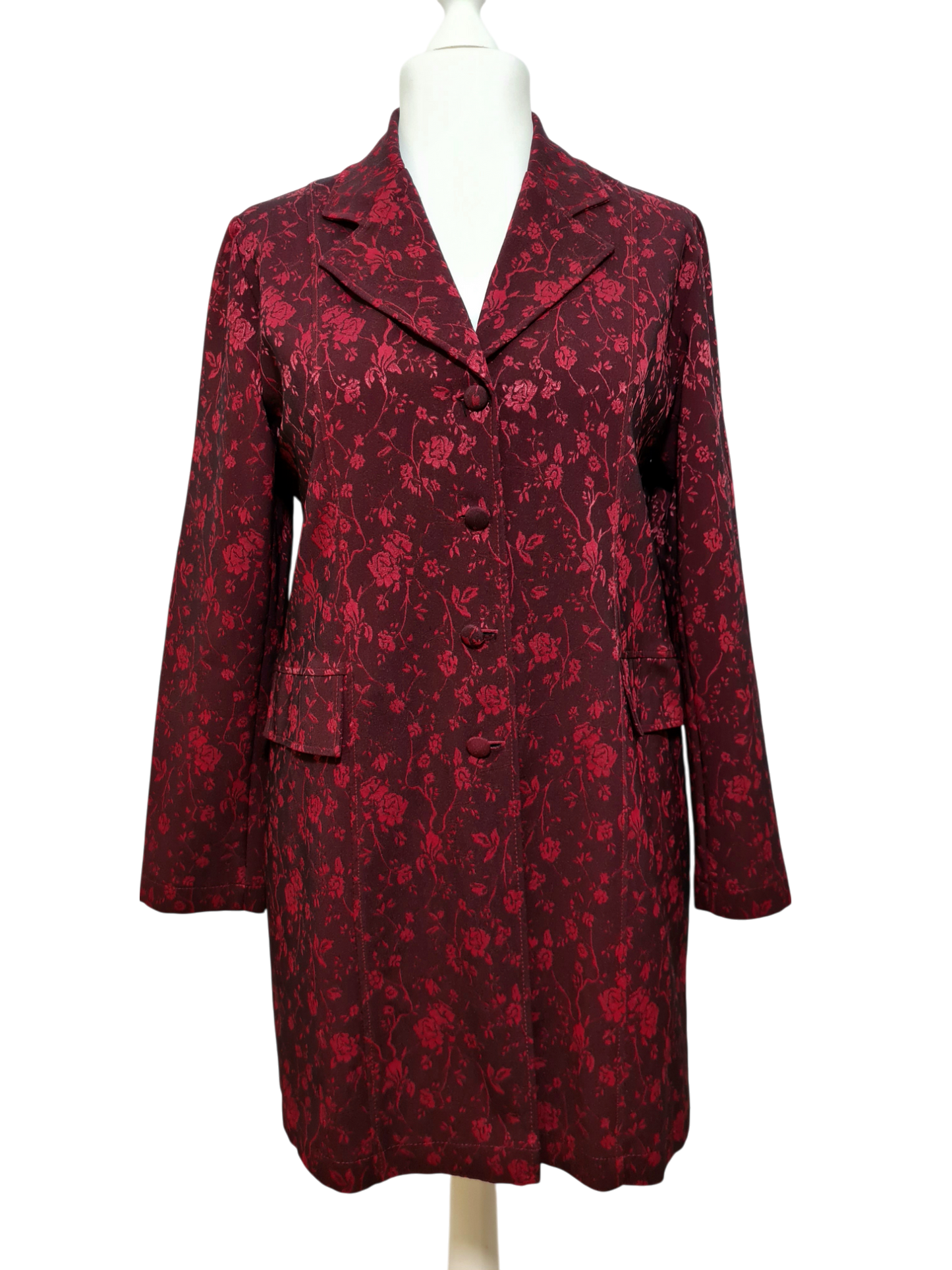 Veste longue bordeaux fleurie femme fabriquée en France chic rétro années 90 Brocante