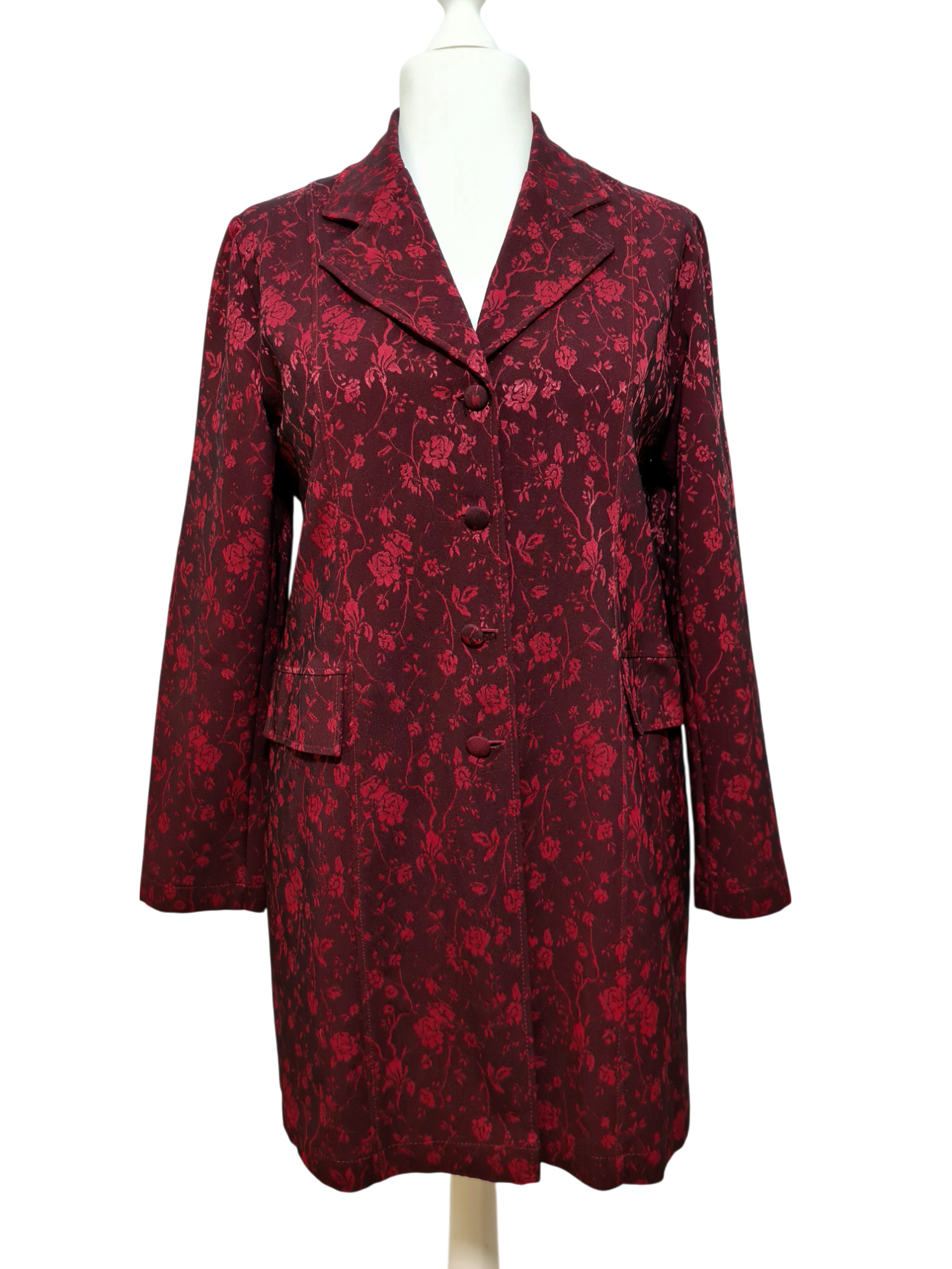 Veste longue bordeaux fleurie femme fabriquée en France chic rétro années 90 Brocante