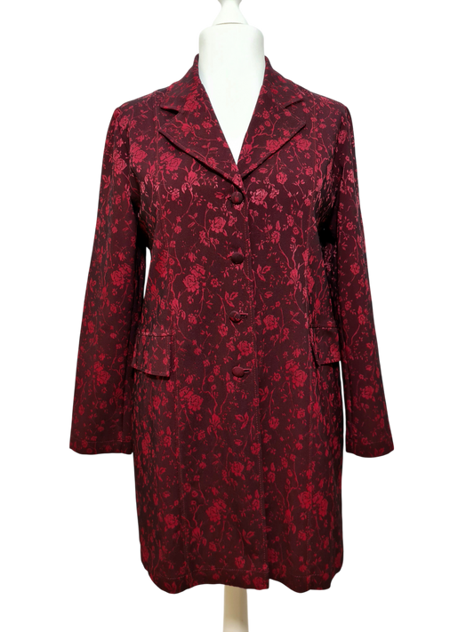 Veste longue bordeaux fleurie femme fabriquée en France chic rétro années 90 Brocante