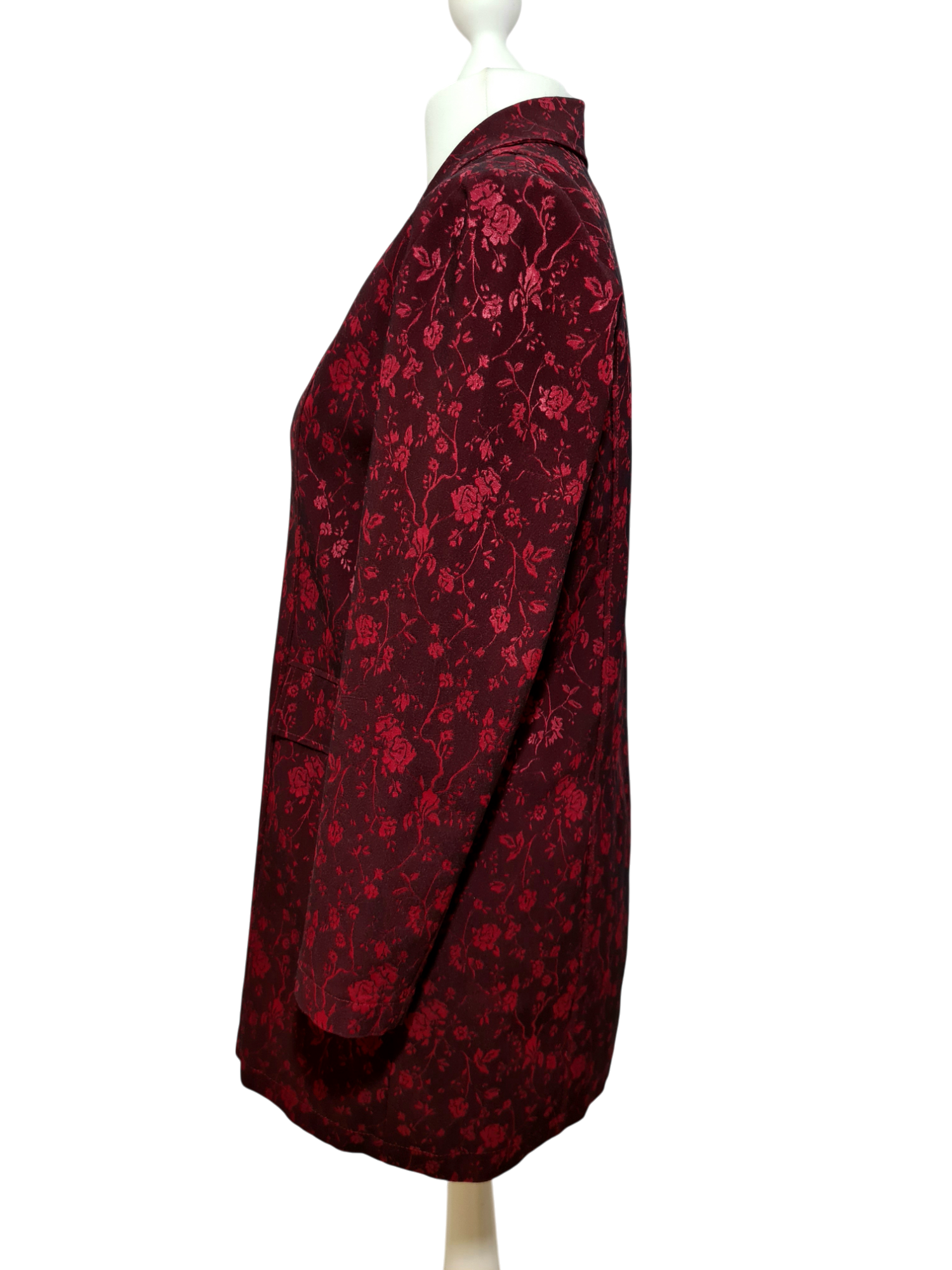 Veste longue bordeaux fleurie femme fabriquée en France chic rétro années 90 Brocante