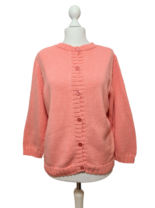 Gilet corail tricot main femme acrylique vintage doux des années 80-90 Brocante
