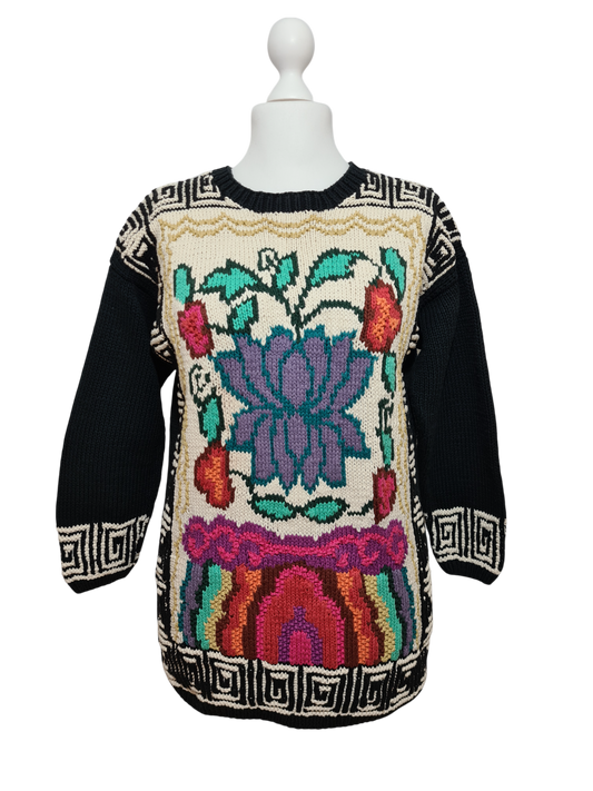 Pull long fleuri Tara vintage 80s coton oversize femme Brocante