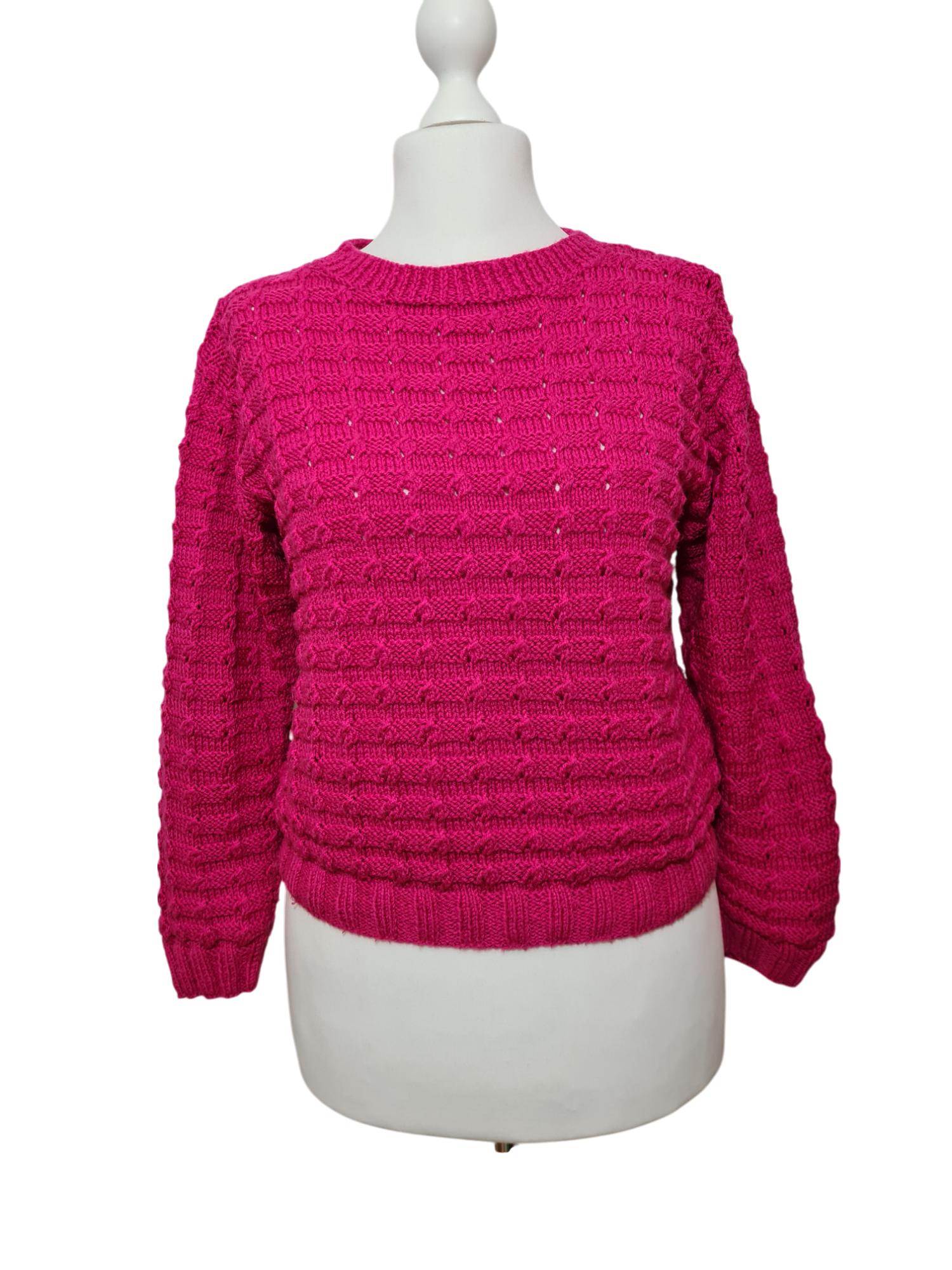 Pull fuchsia tricot main femme laine vintage 80s original Brocante