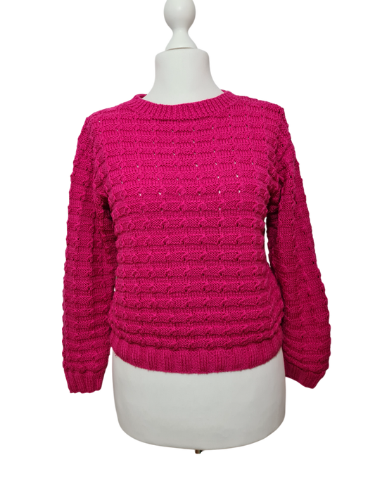 Pull fuchsia tricot main femme laine vintage 80s original Brocante