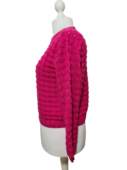 Pull fuchsia tricot main femme laine vintage 80s original Brocante