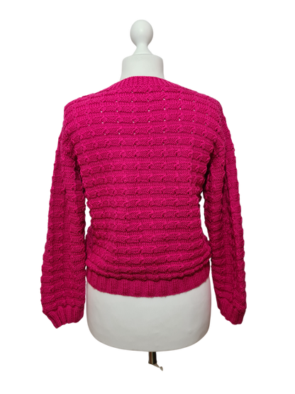 Pull fuchsia tricot main femme laine vintage 80s original Brocante
