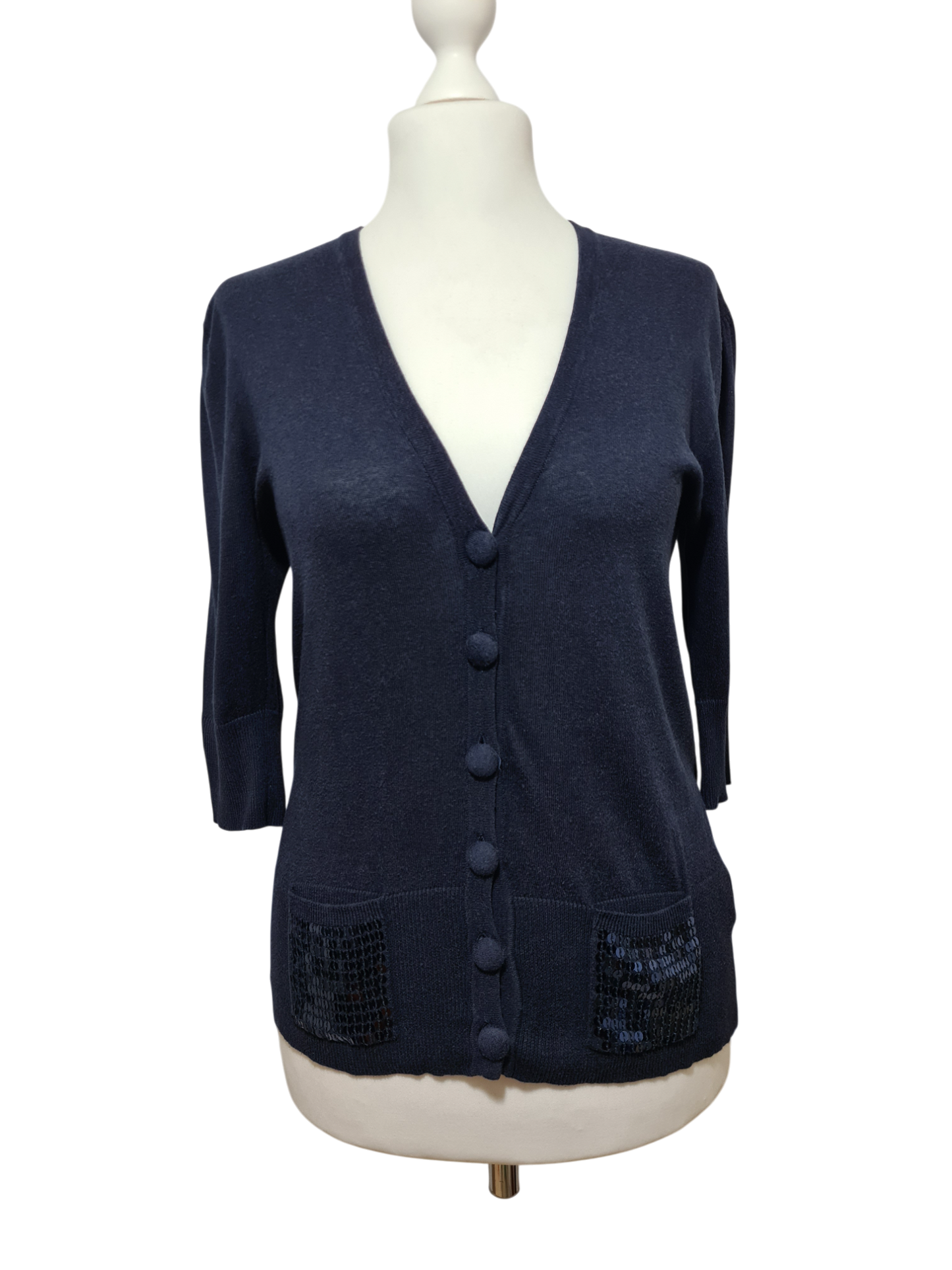 Cardigan bleu marine coton Pablo Gérard Darel sequins des années 2000 EMMAUS
