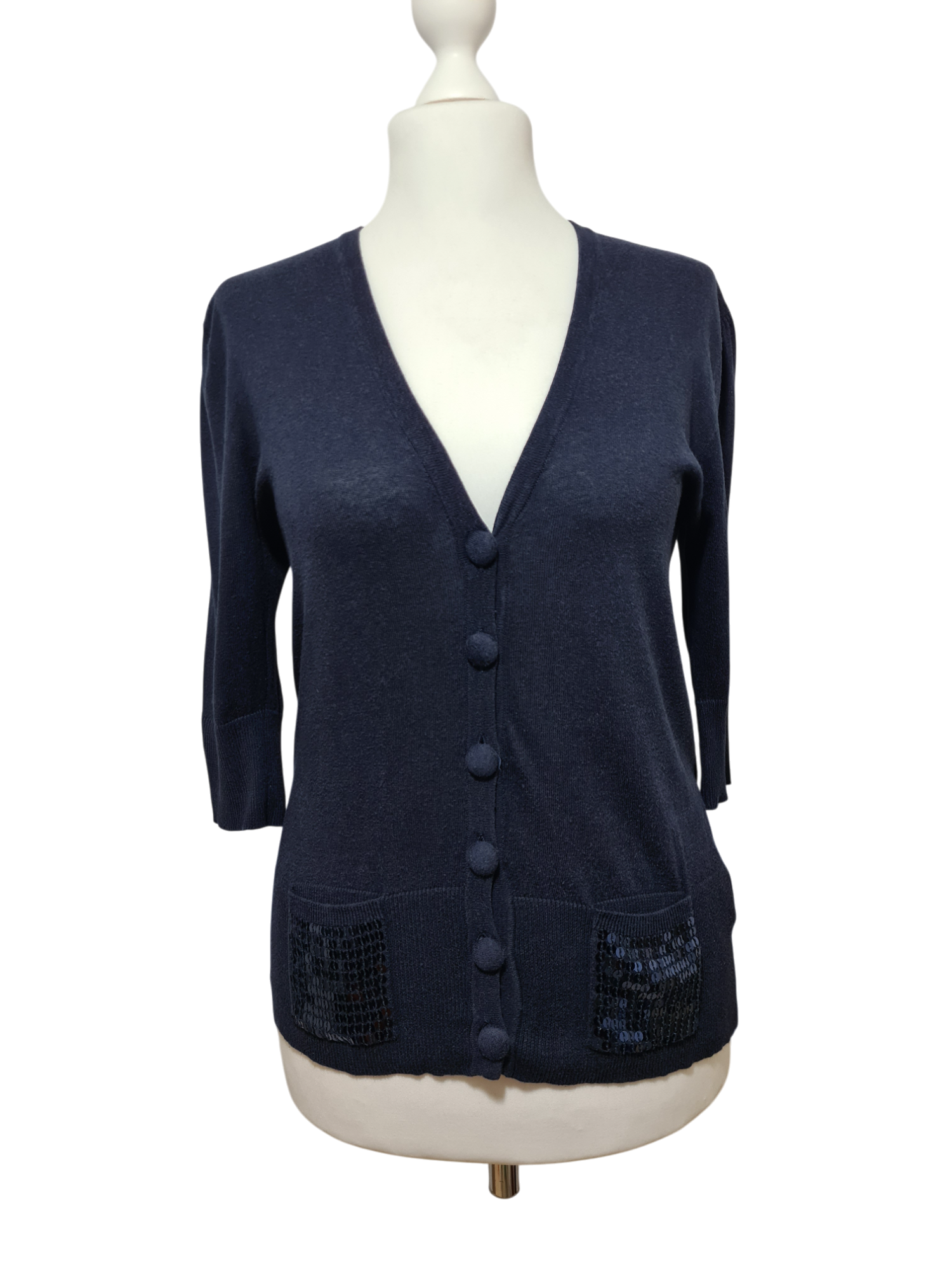 Cardigan bleu marine coton Pablo Gérard Darel sequins des années 2000 EMMAUS