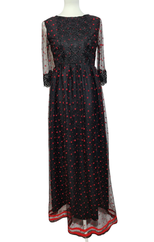 Robe longue vintage noire à fleurs rouges T.M fait main EMMAUS