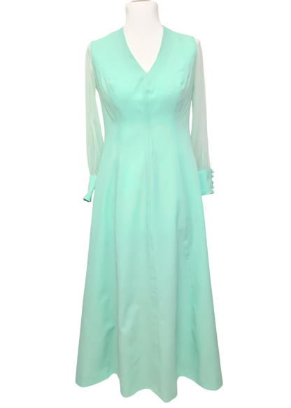 Robe longue vert d’eau faite main vintage 70s manches mousseline T.40-42