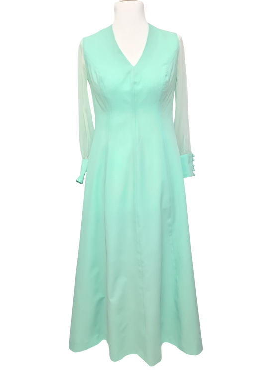 Robe longue vert d’eau faite main vintage 70s manches mousseline T.40-42