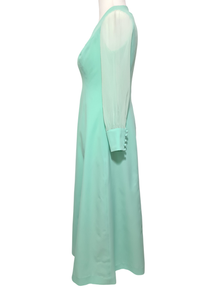 Robe longue vert d’eau faite main vintage 70s manches mousseline T.40-42