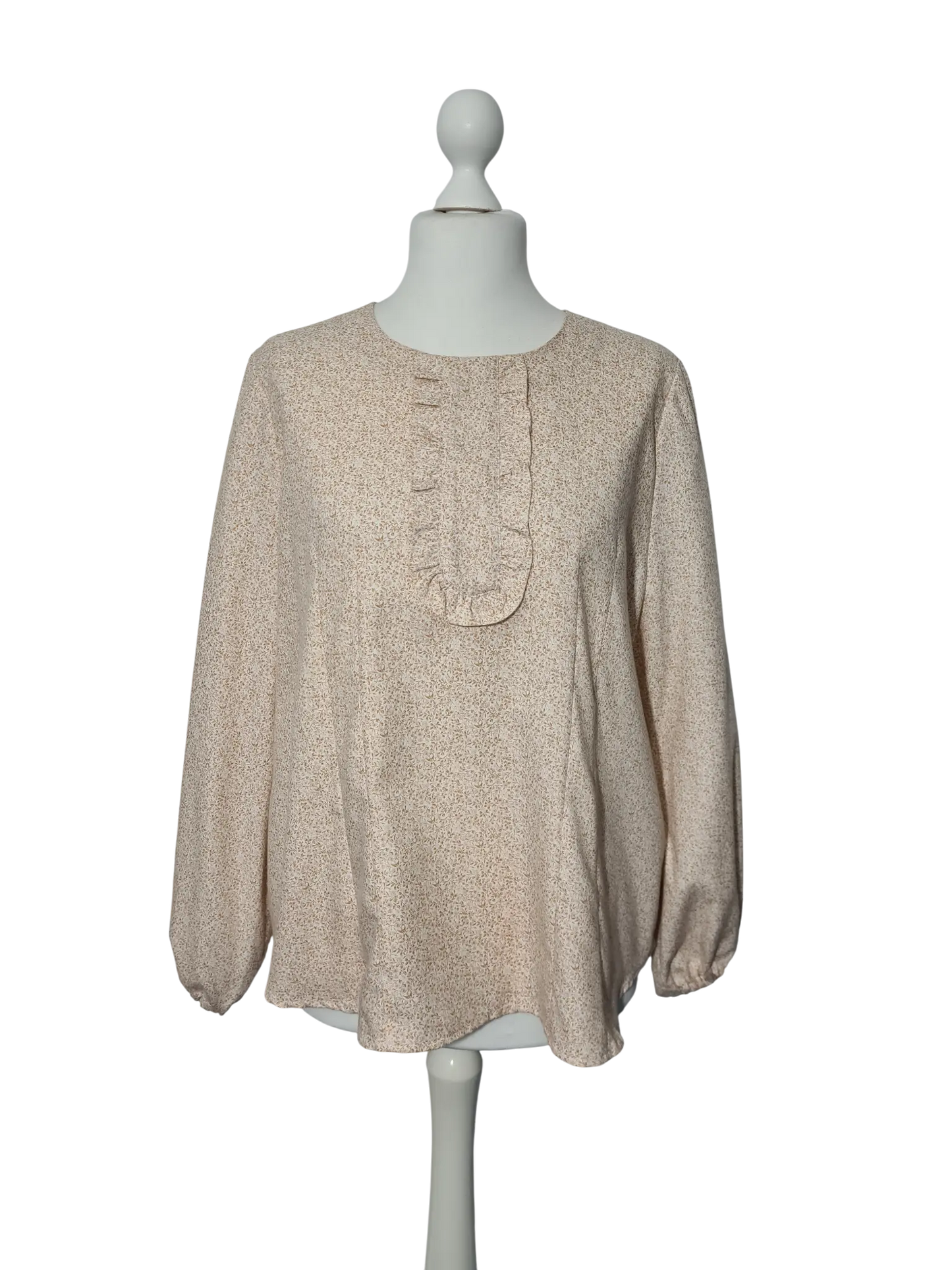 Blouse vintage fleurs beige cousue main T. 44 – manches bouffantes style années 80 Aucun fournisseur