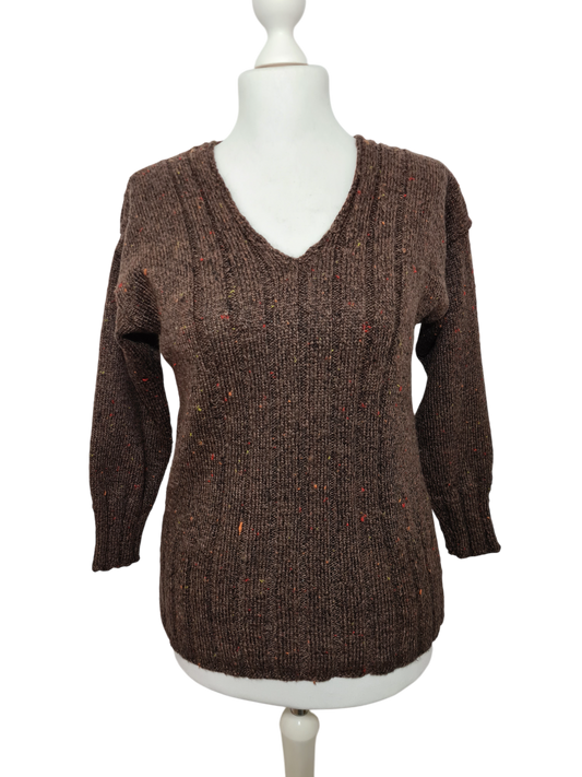 Pull en laine marron chiné multicolore des années 80-90 EMMAUS