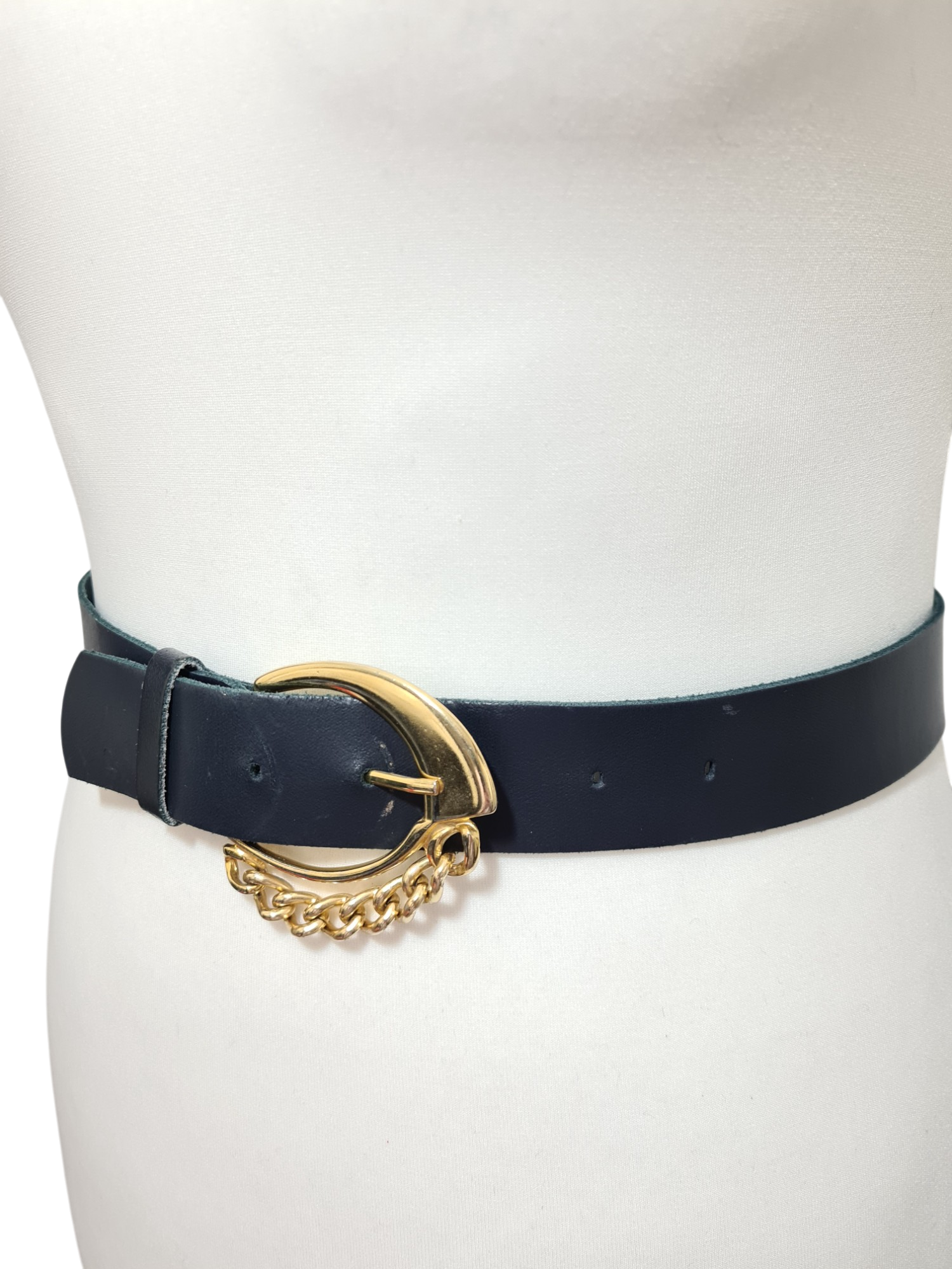 Ceinture bleue marine en croûte de cuir des années 80-90 - FRIPEO