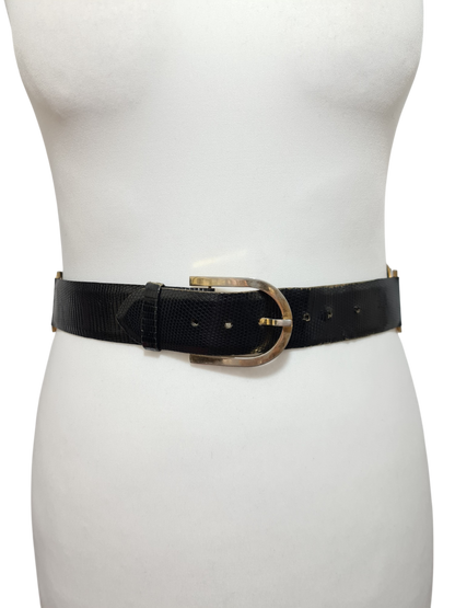 Ceinture large noire en cuir de lézard des années 80 - FRIPEO