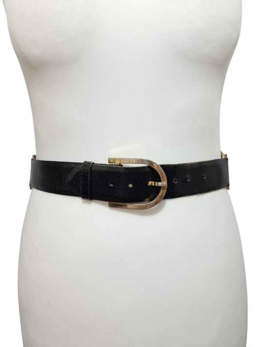 Ceinture large noire en cuir de lézard des années 80 - FRIPEO