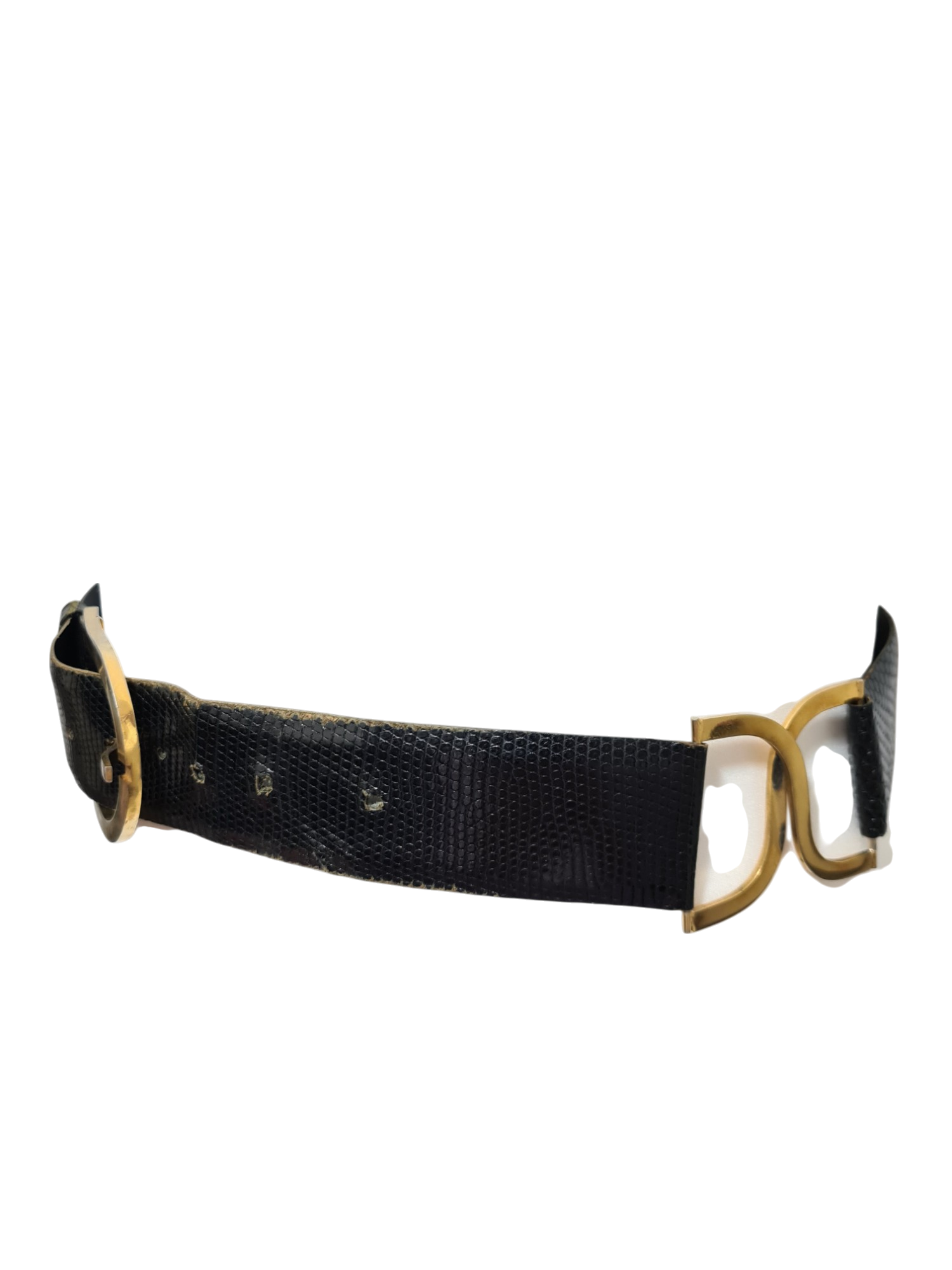 Ceinture large noire en cuir de lézard des années 80 - FRIPEO