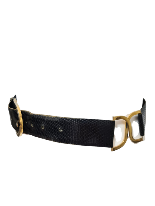 Ceinture large noire en cuir de lézard des années 80 - FRIPEO