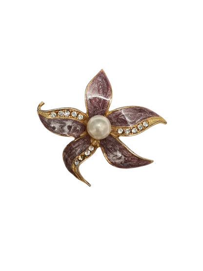 Broche fleur émaillée avec perle et strass des années 60/70 Brocante